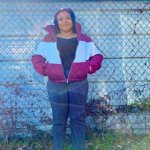 Fashion Nova Burgundy White Chevron Puffer Coat